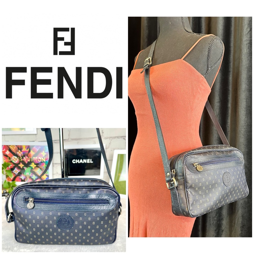 FENDI navy blue canvas and leather crossbody or shoulder bag VINTAGE w/ …